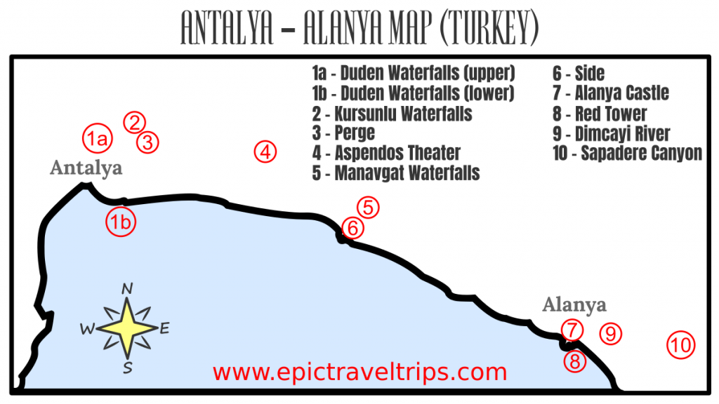 10 best places to visit between Antalya and Alanya on the map