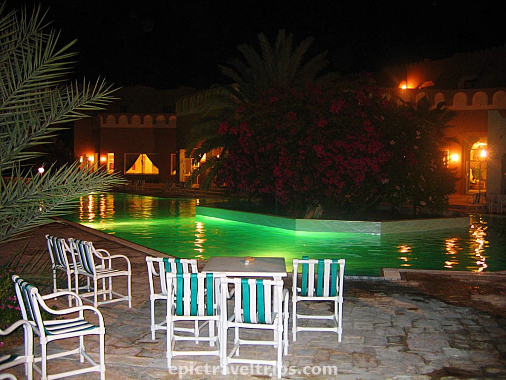 El Mouradi Hotel In Douz, Tunisia. Night photo near swimming pool. Part of our Adventurous Three Days Epic Sahara Tour In Amazing Tunisia With Hidden Gems