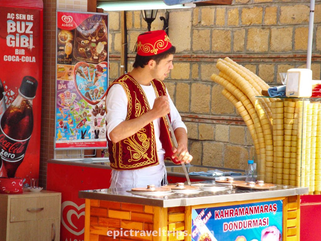 Turkish young men selling traditional Turkish ice cream in Side