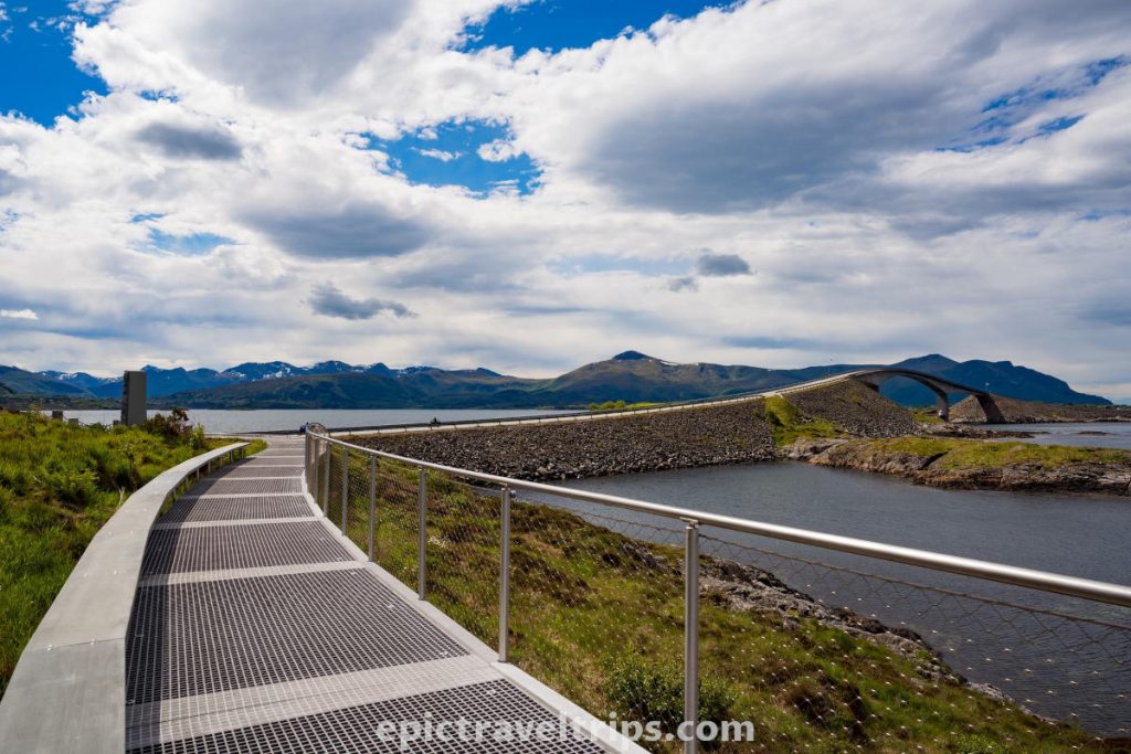 Eldhusøya metal pathway around the island with the view over Storseisund bridge of Atlantic Ocean Road in Norway.