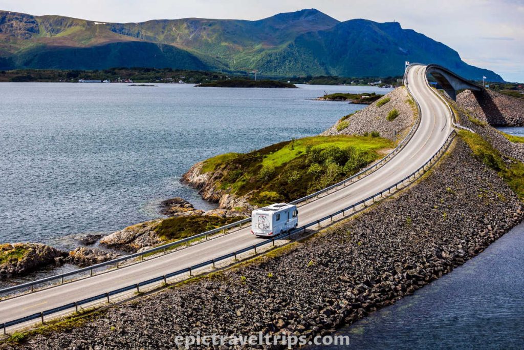 Camper van on the Storseisund bridge atlantic ocean road in Norway.