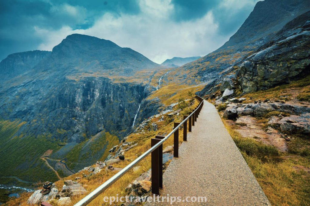 Trollstigen mountain road metal rail pathway to the second viewpoint in Norway.