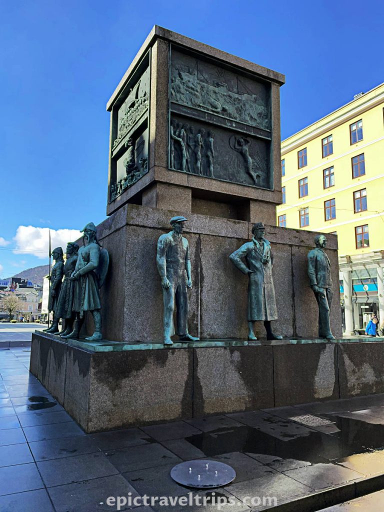 Sailor's Monument in Bergen after rain in Norway.