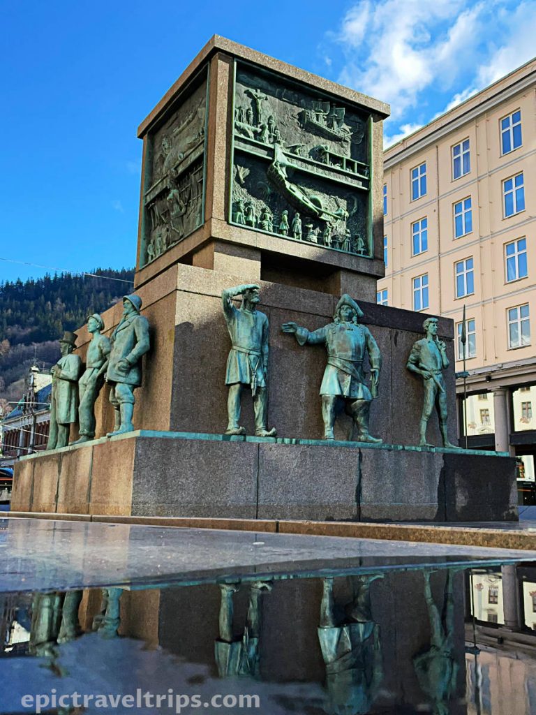 Sailor's Monument in Bergen after rain in Norway.