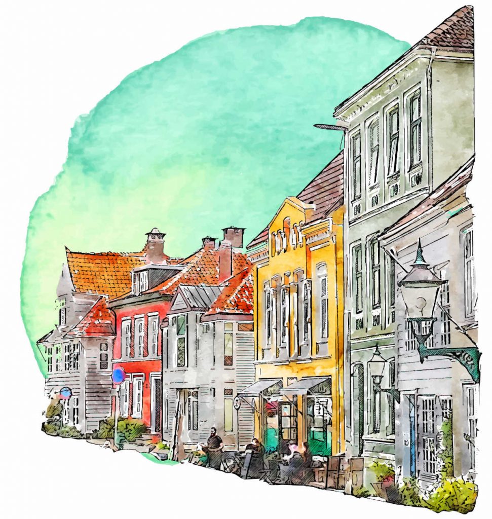 Watercolor drawing of Bergen timber houses in Norway.