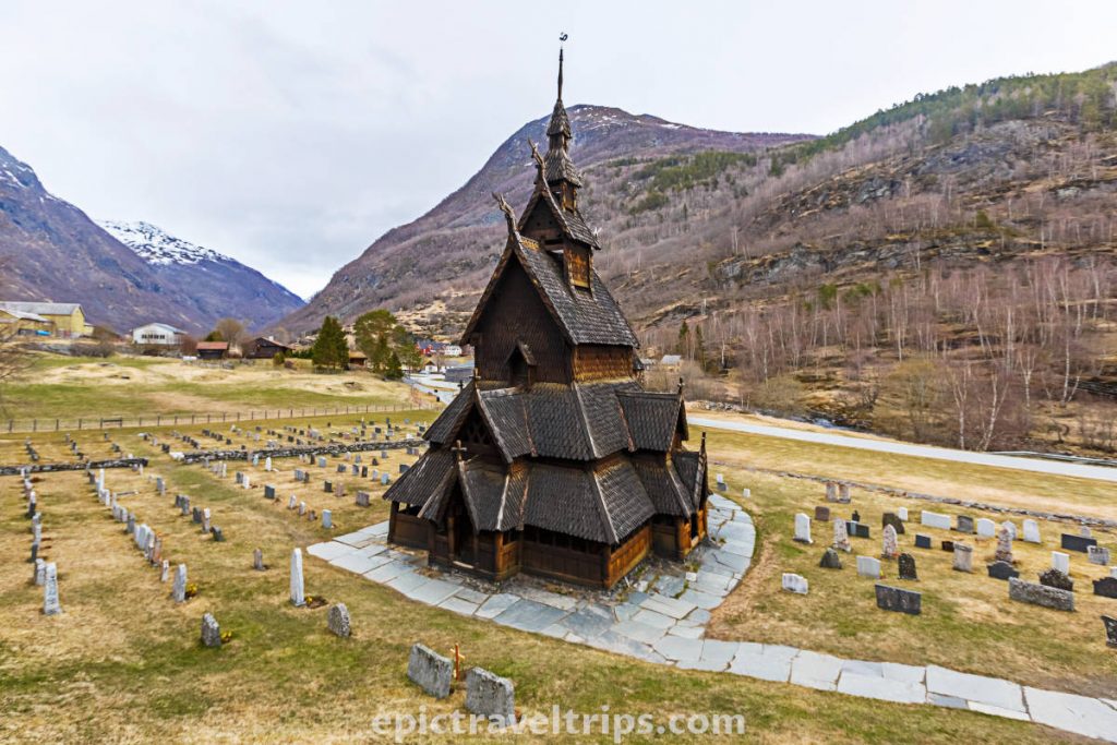 Borgund stave church during the spring season in Norway.
