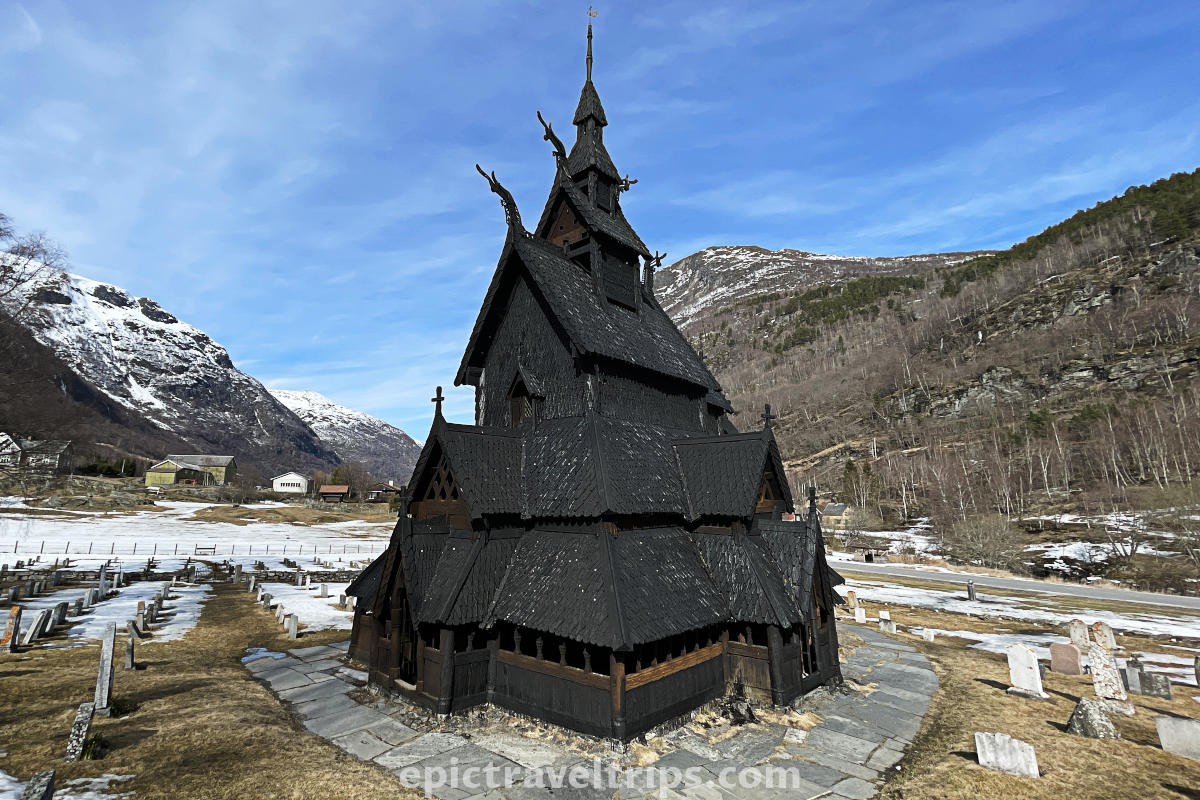 Borgund stave church during winter time in Norway.
