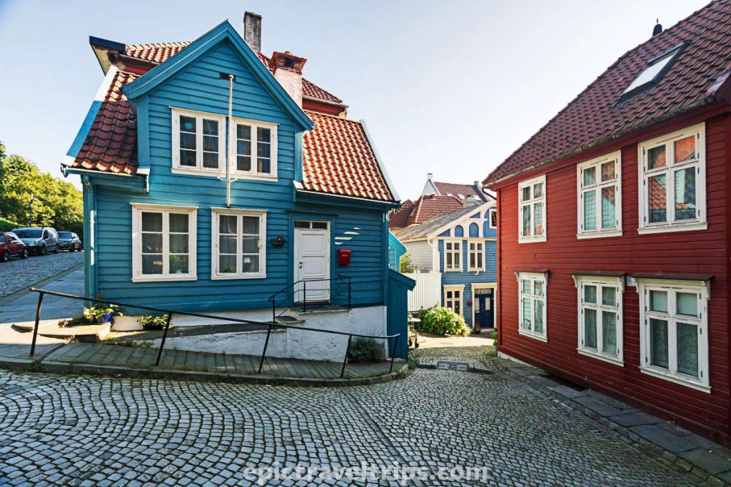 Cobblestone street wooden houses at Bergen Norway.