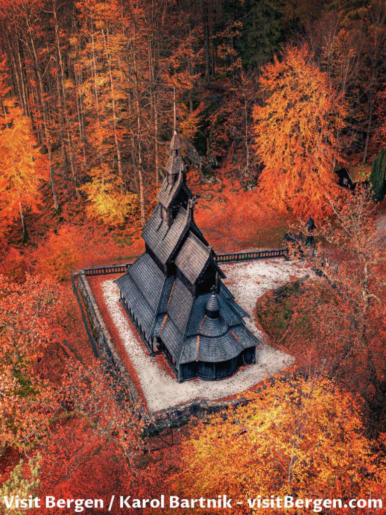 Fantoft Stave Church in autumn at Bergen in Norway.