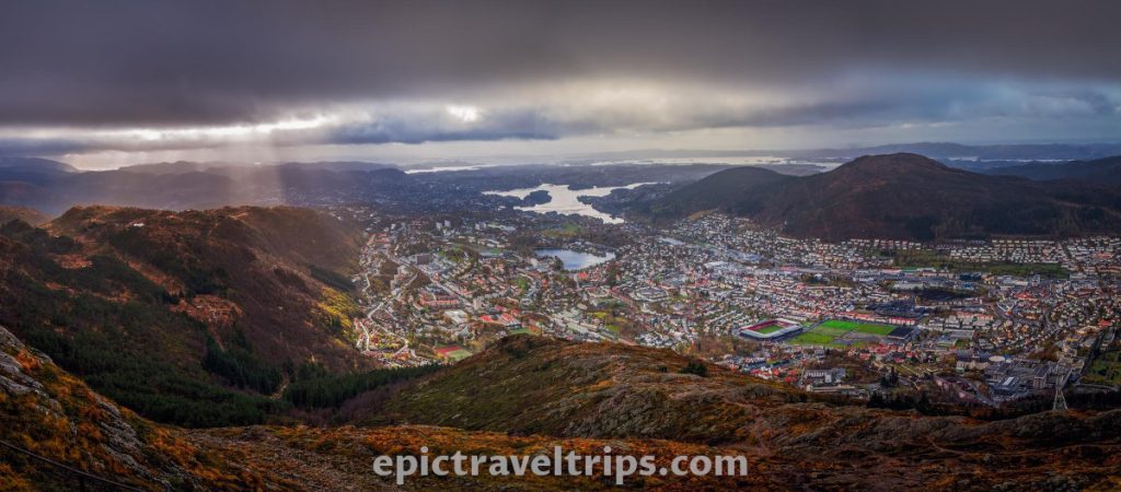 Panorama view over Bergen from the top of mountain Ulriken in Norway.