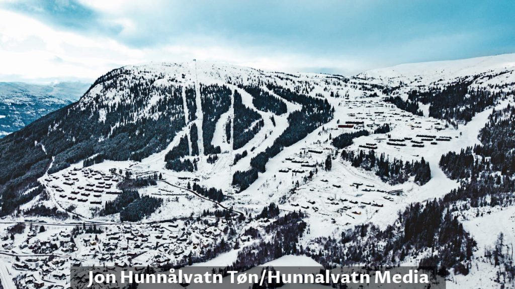Ski resort with many ski slopes and mountain cabins near Voss in Norway.