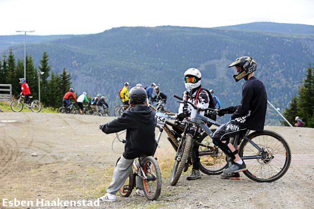 Bikers on the top of the hill in bikers park in Norway near Lillehammer.