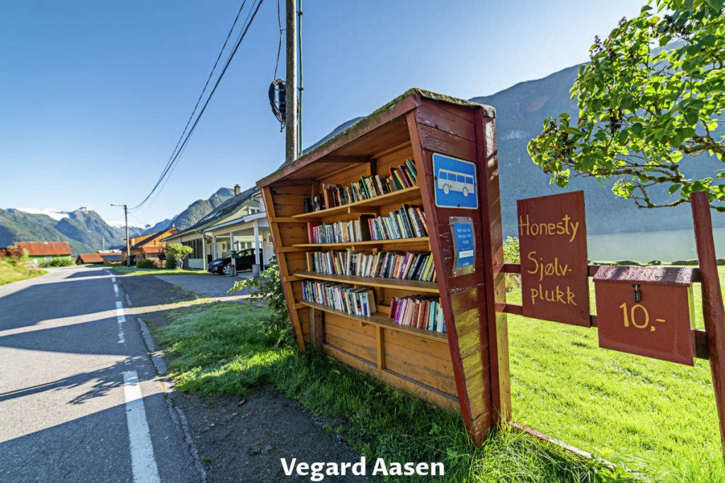 Books on the shelves at Mundal (Fjaerland) village in Norway.