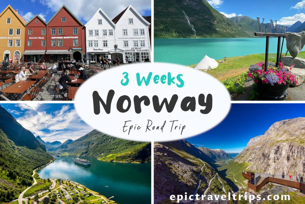 Epic Norway 3-week road trip. Bergen, Oldevatnet lake, Geiranger fjord, and Trollstigen mountain road in the photo.