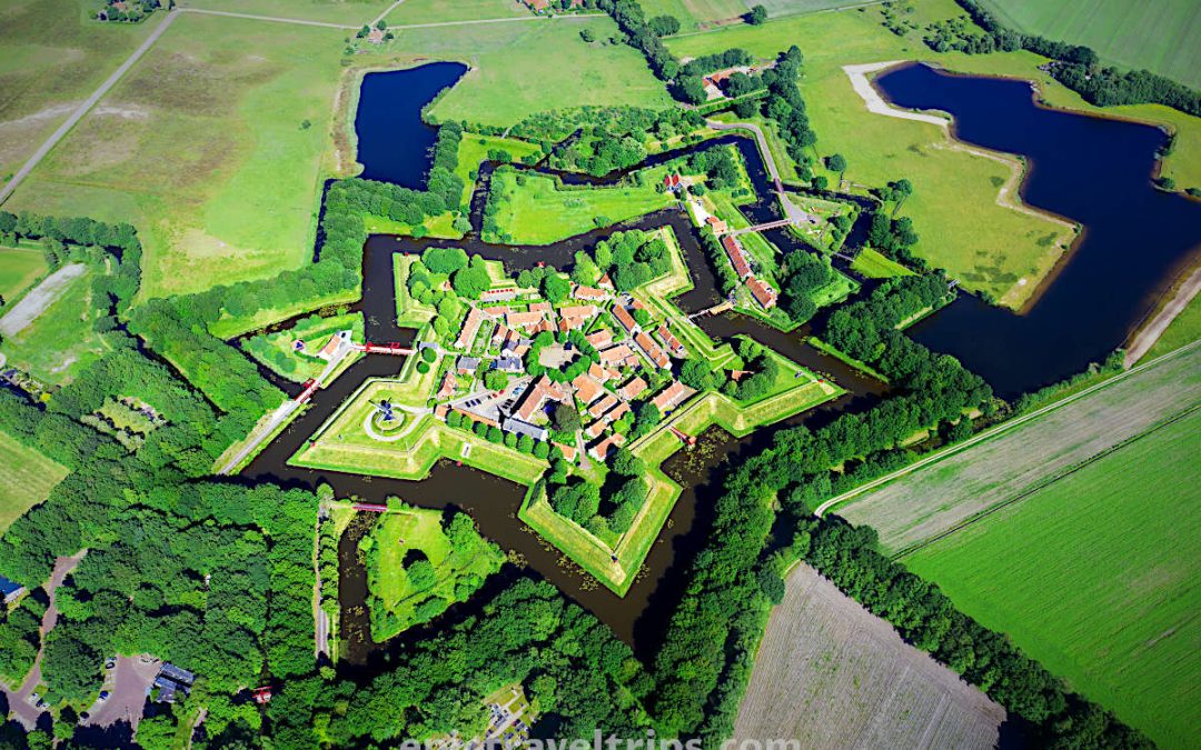 Aerial view from the drone of star-shaped Fort Bourtange, Groningen, The Netherlands