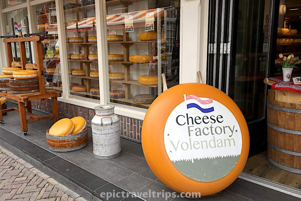 Lots of cheese in front of the Cheese Factory and Shop at Volendam in The Netherlands.