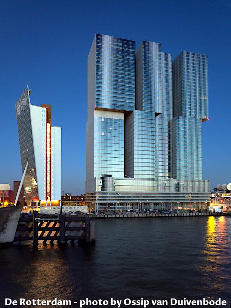 De Rotterdam buildings in Kop van Zuid neighborhood at Rotterdam in The Netherlands.