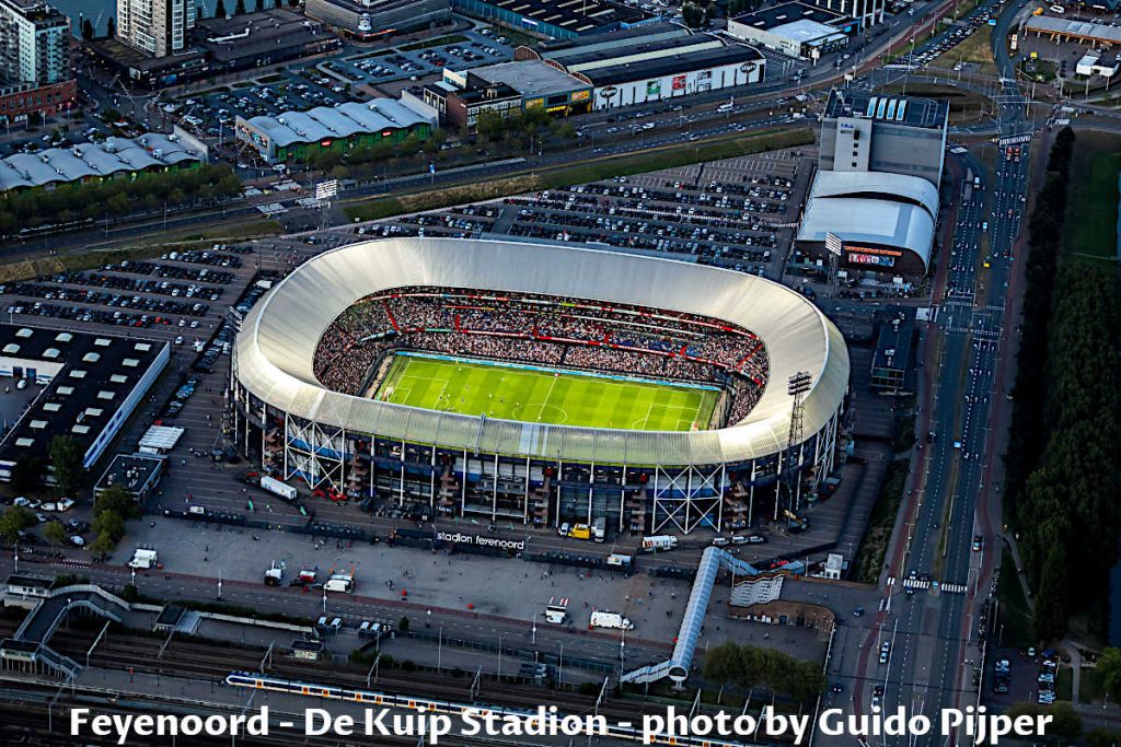 Aerial view over Feyenoord football stadion named De Kuip in Dutch at Rotterdam, in The Netherlands.