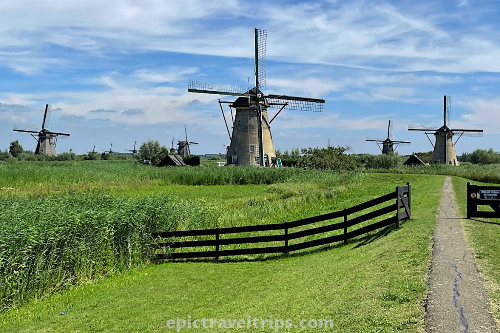 Kinderdijk Windmills and ring dyke near Rotterdam in The Netherlands.