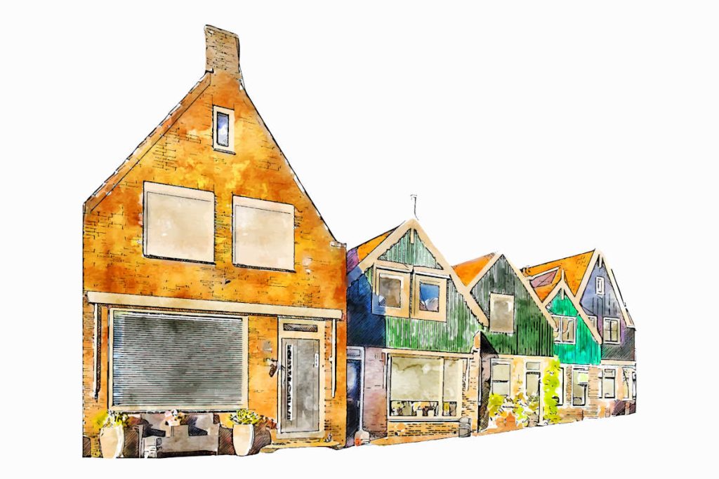 Watermark painting of Volendam houses in The Netherlands